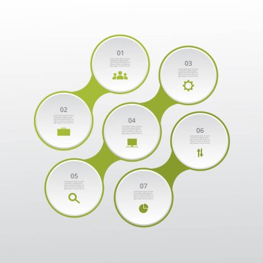 7 aşamalı molekül şablonu, seçenekler, parçalar veya süreçler. Nanoteknoloji, takım çalışması veya iş süreçlerinin sunumu.