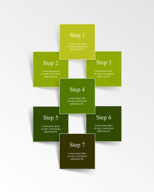 7 adım, seçenek, parça ya da süreç içeren yeşil bilgi şablonu.
