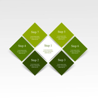 7 adım, seçenek, parça ya da süreç içeren yeşil bilgi şablonu.