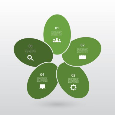 Adım adım, 5 adım, seçenekler, bölümler veya süreçlerle yeşil bilgi şablonu.