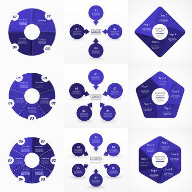 4, 5 ve 6 seçenekleri, bölümleri veya adımları olan mavi çember bilgi elemanları kümesi.