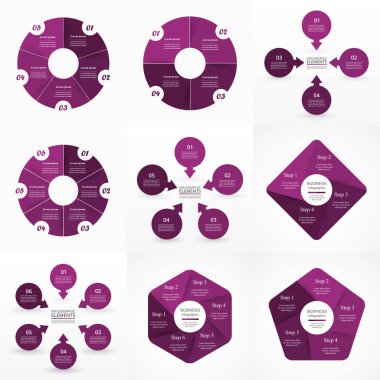 4, 5 ve 6 seçenek, parça veya basamaklı daire menekşe bilgi elemanları kümesi.