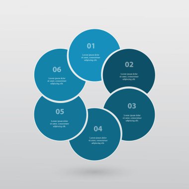 Adım adım mavi bilgi şablonu ile 6 adım, seçenekler, parçalar veya süreçler.