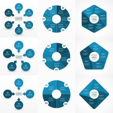 4, 5 ve 6 seçenekleri, bölümleri veya adımları olan mavi çember bilgi elemanları kümesi.