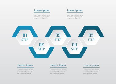 Adım adım mavi bilgi şablonu ile 5 adım, seçenekler, bölümler veya süreçler.
