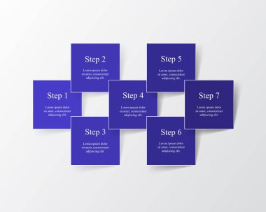 Adım adım, 7 adım, seçenekler, parçalar veya süreçlerle mavi bilgi şablonu.