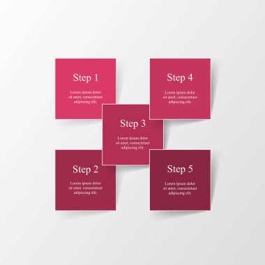 Adım adım pembe bilgi şablonu ile 5 adım, seçenekler, parçalar veya süreçler.