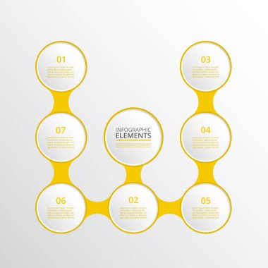 Adım adım sarı molekül şablonu ile 7 adım, seçenekler, parçalar veya süreçler. Nanoteknoloji, takım çalışması veya iş süreçlerinin sunumu.