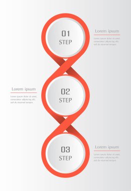 3 aşamalı kırmızı bilgi şablonu, seçenekler, parçalar veya süreçler. Takım çalışması ya da iş süreçlerinin sunumu. Molekül veya sonsuzluk işareti kavramı.