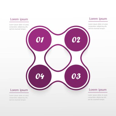 4 adım, seçenek, parça ya da süreç içeren mor bilgi şablonu. Takım çalışması ya da iş süreçlerinin sunumu. Molekül kavramı.