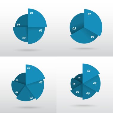 3, 4, 5 ve 6 seçenekli mavi yuvarlak bilgi şablonları kümesi, bölümler veya süreçler.