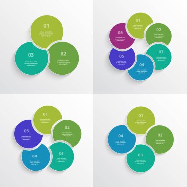 3, 4, 5 ve 6 seçenekli yuvarlak bilgi şablonları kümesi, bölümler veya süreçler.