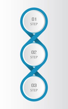 3 adım, seçenek, parça ya da süreç içeren mavi bilgi şablonu. Takım çalışması ya da iş süreçlerinin sunumu. Molekül veya sonsuzluk işareti kavramı.