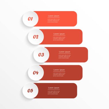 Adım adım 5 seçenek, parça ya da süreç içeren kırmızı bilgi şablonu.