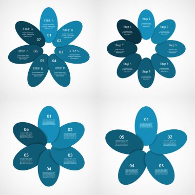 5, 6, 7 ve 8 seçenekli mavi bilgi şablonları kümesi, bölümler veya süreçler.