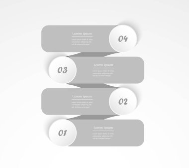 Adım adım, 4 seçenek, parça veya süreç içeren gri dikey bilgi şablonu.