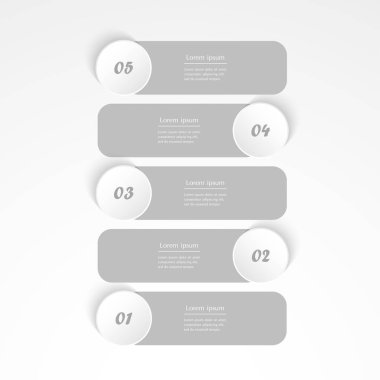 Adım adım, 5 seçenek, parça veya süreç içeren gri dikey bilgi şablonu.