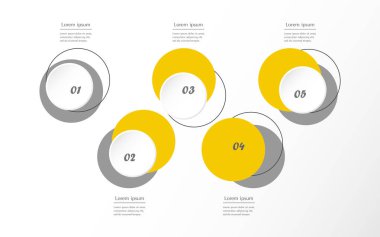 Sarı bilgi şablonu 5 adım, seçenekler, parçalar ya da süreçler. Takım çalışması veya iş süreçlerinin sunumu.