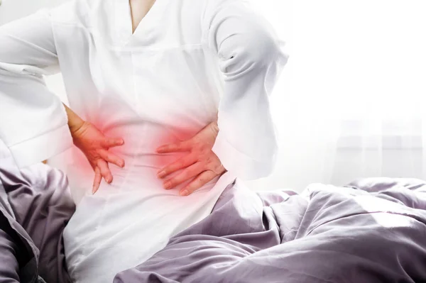 Woman Wakes Bed Lower Back Pain Due Poor Sleeping Posture — Stock Photo, Image
