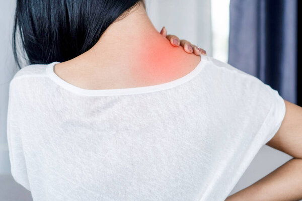 woman suffering from neck , shoulder pain with bad posture, office syndrome concept