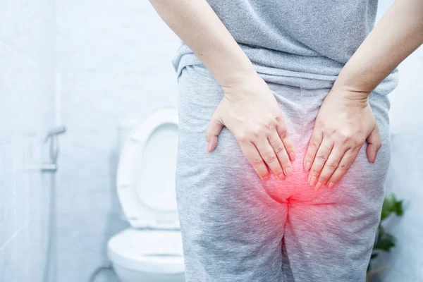 Woman Suffering Hemorrhoids Hurting Bleeding Bowel Movements Toilet — Stock Photo, Image
