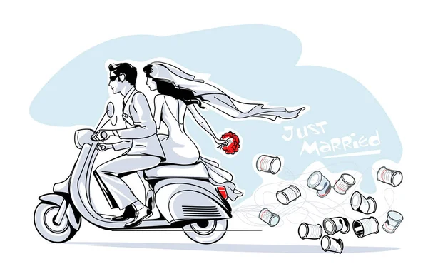 Somente Casado Noiva Par Italiana Jovem Noivo Scooter Latas Vazias — Vetor de Stock