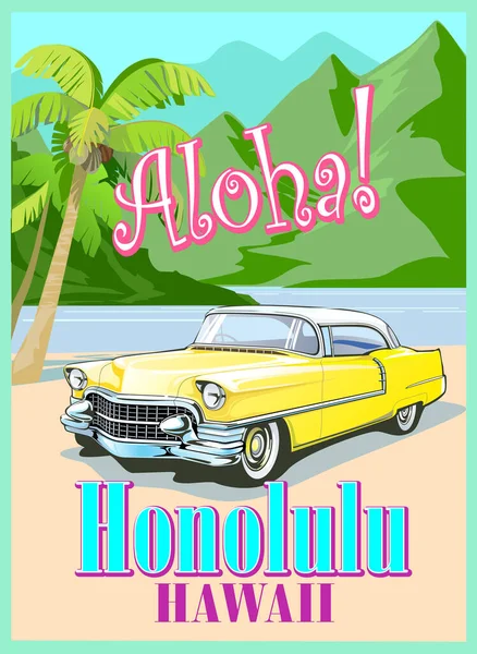 stock vector Vintage poster of Hawaii with yellow classic car from 50 tees