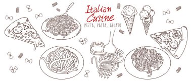 İtalyan mutfağı, pizza, makarna, spagetti, dondurma ve diğer yemek malzemeleri. Doodle, çizgi sanat vektörü illüstrasyonu.
