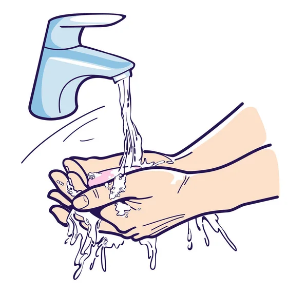 Mycie Rąk Czystą Wodą Mydłem Pianką Zlewie Ilustracja Wektora Białym — Wektor stockowy