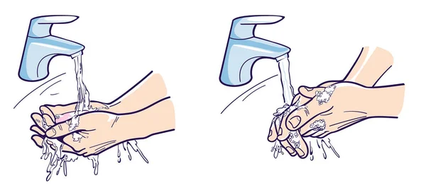 Tvätta Händerna Vatten Tvål Och Skum Handfat Vektor Illustration Vit — Stock vektor