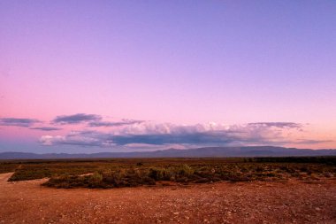 Nefes kesici bir günbatımı, Güney Afrika 'daki Tankwa Karoo' nun engin ve kurak ovalarında altın ve turuncu renkler sergiliyor.