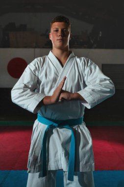 Odaklanmış genç bir erkek dövüş sanatçısı geleneksel bir karate kata dizisini titizlikle ve disiplinle gerçekleştiriyor.. 