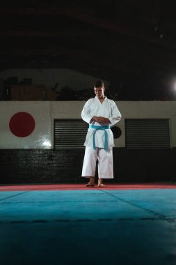 Odaklanmış genç bir erkek dövüş sanatçısı geleneksel bir karate kata dizisini titizlikle ve disiplinle gerçekleştiriyor.. 