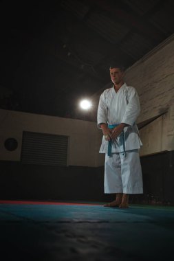 Odaklanmış genç bir erkek dövüş sanatçısı geleneksel bir karate kata dizisini titizlikle ve disiplinle gerçekleştiriyor.