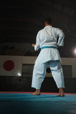 Odaklanmış genç bir erkek dövüş sanatçısı geleneksel bir karate kata dizisini titizlikle ve disiplinle gerçekleştiriyor.