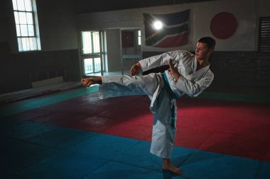 Odaklanmış genç bir erkek dövüş sanatçısı geleneksel bir karate kata dizisini titizlikle ve disiplinle gerçekleştiriyor.