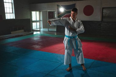 Odaklanmış genç bir erkek dövüş sanatçısı geleneksel bir karate kata dizisini titizlikle ve disiplinle gerçekleştiriyor.