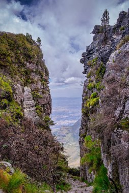 Platteklip Vadisi 'nin engebeli uçurumlarından aşağıya bakan Masa Dağı' nın tepesinden dramatik bir manzara.