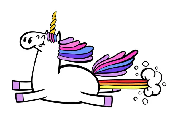   Şirin uçan tek boynuzlu at osuruklu gökkuşağı. Çizgi film fantezi atı. Vektör illüstrasyonu beyazda izole edildi.