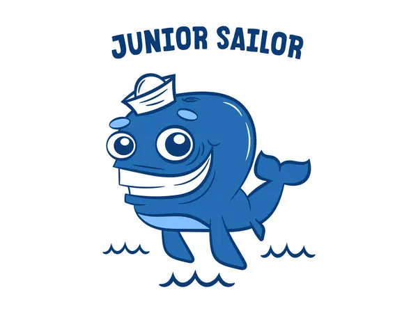 Denizci şapkalı şirin mavi balina. Küçük Denizci. Çocuk parmak izleri, çıkartmalar ve eğitim materyalleri için çizgi film karakteri. Vektör illüstrasyonu