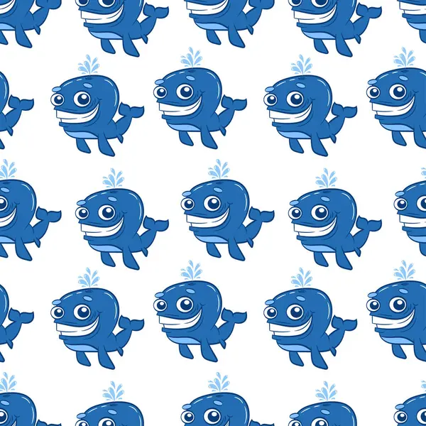 Su sıçratan gülümseyen mavi balinalarla kusursuz desen. Okyanus hayvanı arka planı tekrarlıyor. Vektör çizgi filmi çocuksu illüstrasyon