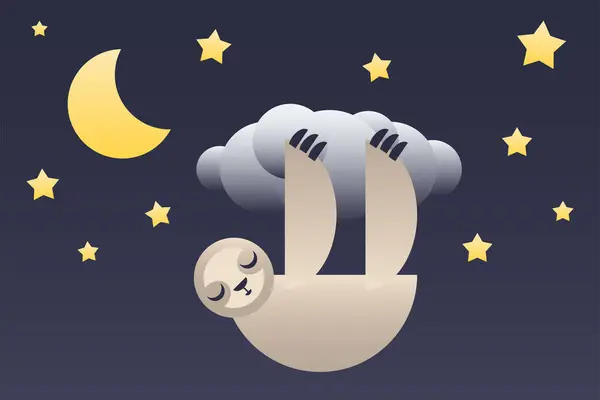 Bulutlarda sarkan tembel çizgi film yıldızların ve hilal ayların arasında kayıyor. Vektör düz resimleme