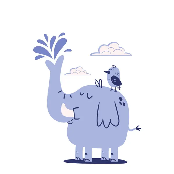 Gövdesinden su damlatan komik kuşlu şirin bir fil karakteri. Vektör illüstrasyonu beyaz arkaplanda izole edildi