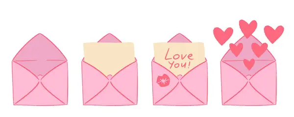 İçinde aşk temalı unsurlar olan dört pembe zarf: açılış zarfı, içinde Love You olan bir mektup! Mesaj, öpücük işareti ve uçan kalpler. Sevimli ve romantik el çizimi vektör çizimi