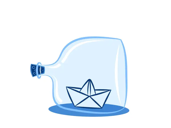 Cam şişedeki kağıt origami teknesi. Vektör karikatür çizimi beyaz arkaplanda izole edildi