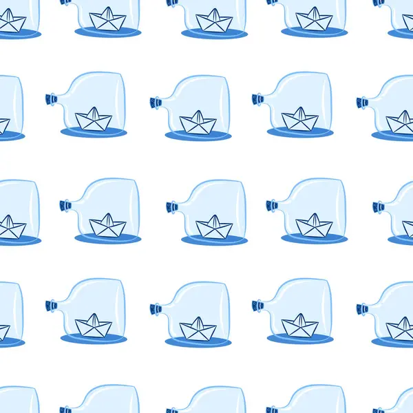 Cam şişede kağıt origami teknesi olan kusursuz bir desen. Vektör çizgi film çizimi izole edilmiş arkaplan