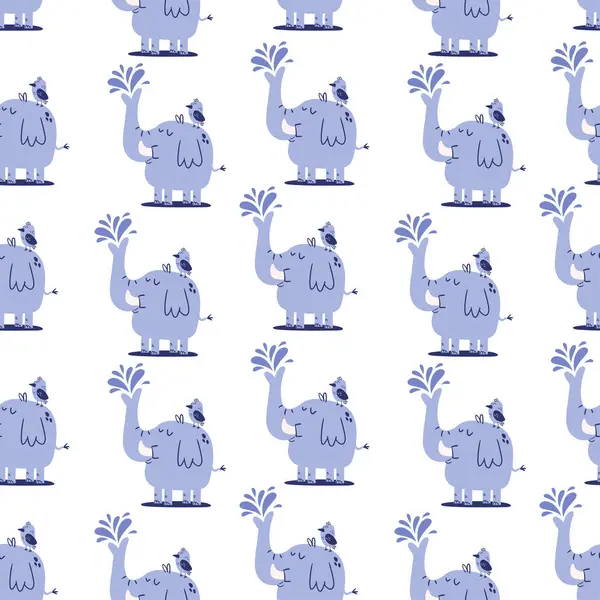 Kusursuz desenli, karikatür fili karakteri ve bagajından su damlatan komik bir kuş figürü. Vektör illüstrasyonu