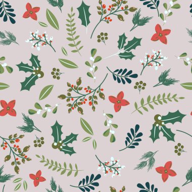 Noel bitkilerinin dalları ve böğürtlenleri pürüzsüz. Kış Xmas tatili Gri şenlikli kağıt tasarımı.