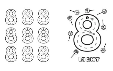 Sekiz Numara okul öncesi çocuklar ve yeni yürümeye başlayanlar için çalışma çizelgesi. Anaokulu el yazısı, ana okulu iz sürme vektörü çizimi.