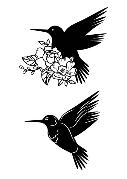 Colibri Silhouette Fleurie Ensemble Vecteurs Isolés Avec Oiseaux Printemps Été — Image vectorielle